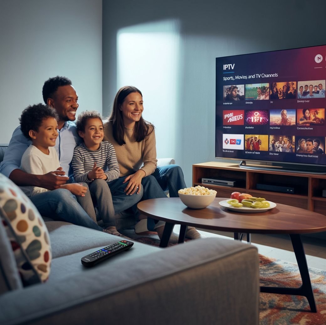 Canadian family enjoying IPTV free trial on Smart TV with HD channels